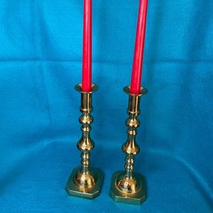 Pair Solid Brass Candleholders. Made in Hong Kong. Holds Tapers. Nice Quality